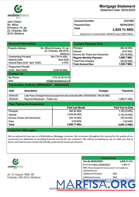 Downloadable Moldova MobiasBanca mortgage statement Word and PDF template